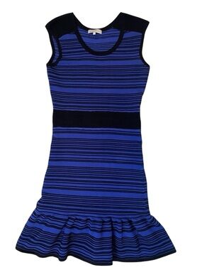 Sandro textured knit blue stripes ruffled hem sweater dress